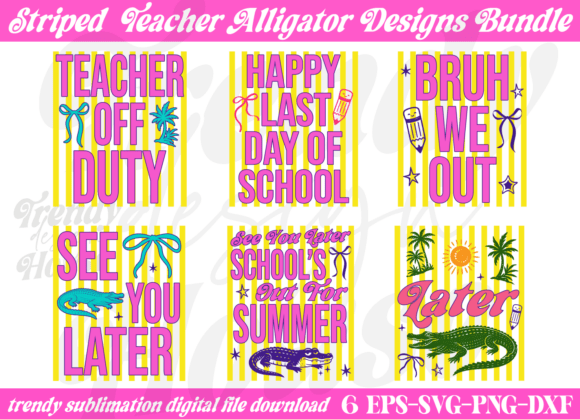 Striped Teachers Alligator PNG Bundle: Elevating End-of-Year Creativity