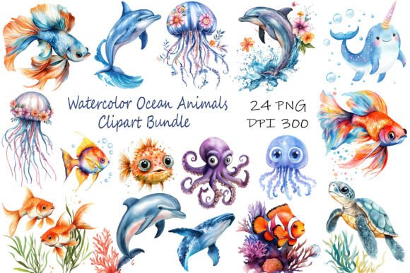 Watercolor Ocean Animals Clipart Bundle: Elevate Your Creative Projects with Charming Marine Art
