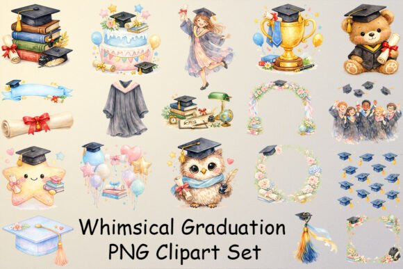 Whimsical Graduation PNG Clipart Set: Elevate Your Creative Projects with Charming, High-Quality Digital Assets